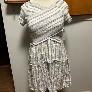White and blue striped asymmetrical dress
